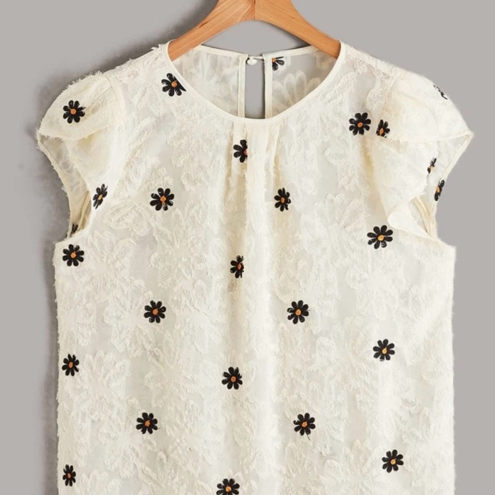 SHEIN Embroidered Floral Lace Petal Cap Short Sleeved Sheer Blouse